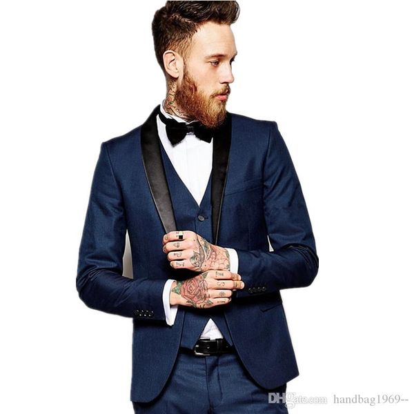 Estilo clássico fino que cabe terno azul escuro Noivo Smoking xaile lapela Man Work Negócios Suits Brasão Blazer (Jacket + Calças + Vest + Tie) H: 601