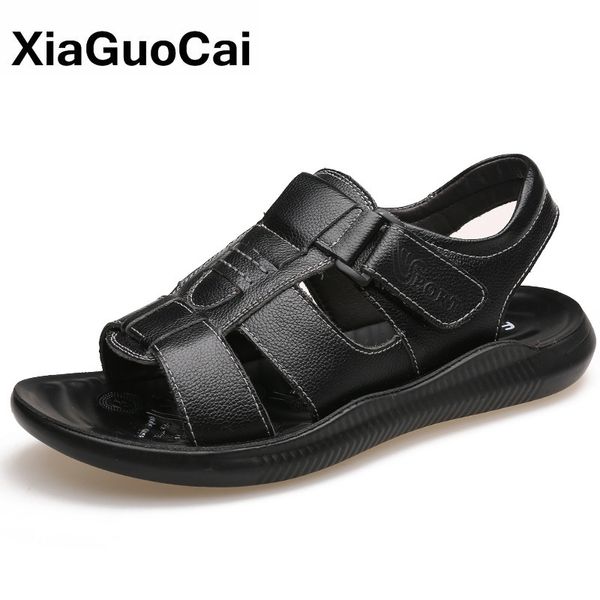 

summer men sandals genuine leather casual classic man beach shoes fashion thick bottom male sandal new arrival, Black