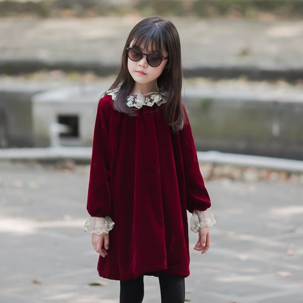 

new girls dresses 2020 children lace patchwork dress autumn & winter girl velvet dress baby princess dress toddler clothes, Red;yellow