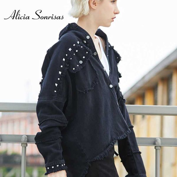 

spring retro studded frayed women's denim jacket 2020 long sleeve large size outerwear irregular jeans streetwear, Black;brown
