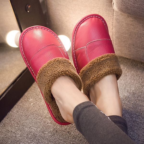 

female male winter plush indoor shoes genuine leather home slippers women flat fuzzy slippers, Black
