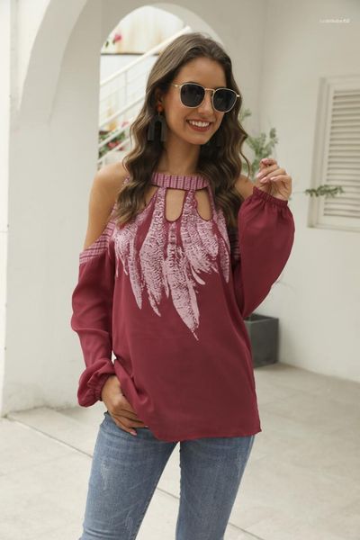 

fashion female feather print blouses contrast color designer womens clothing long sleeve halter hollow out ladies shirts, White