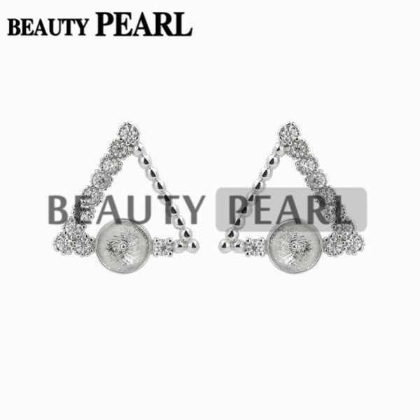 

triangle earrings pearl semi mount zircon 925 sterling silver diy jewelry findings earring base 5 pairs, Slivery;crystal