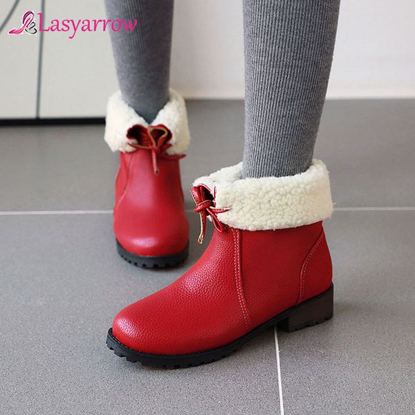

lasyarrow woman snow boots plush fur warm shoes slip on boots fashion ladies winter shoes fur flat heels students, Black