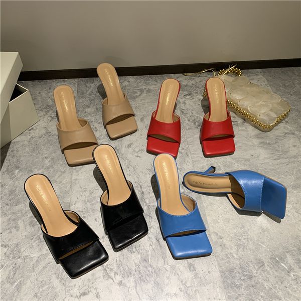 

women's sandals outside wear 2020 women's one-line sandals square thin heel ins high heel slippers, Black