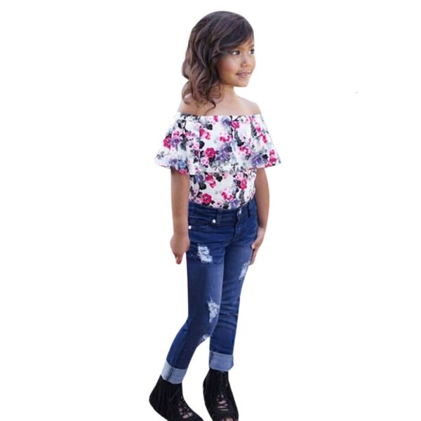 

clearance excelent lovely baby girls toddler kids baby girl off shoulder floral t shirt +denim pants clothes set z0213, White
