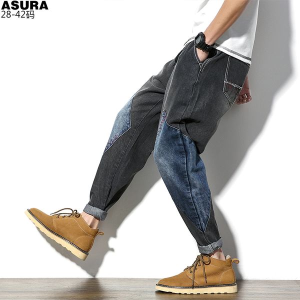 

28-42 new 2020 men's clothing fashion hair stylist retro hit color patch casual harem pants jeans plus size costumes, Blue