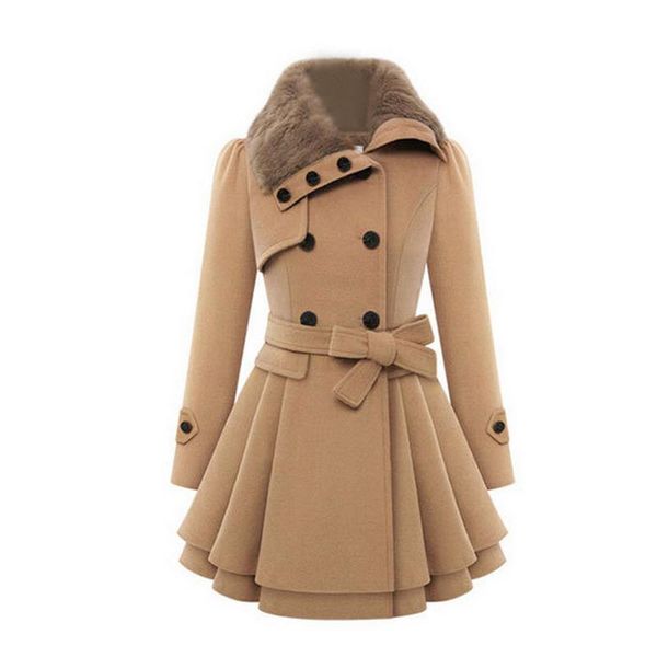 

double-breasted woolen coat women winter faux fur collar thicken warm overcoat fashion elegant office lady slim outerwear, Black
