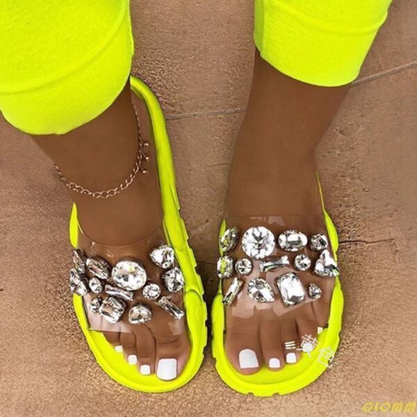 

new rhinestone bright diamond slippers crystal hollow flat slide ladies open toe comfort slip on outdoor beach sandals, Black