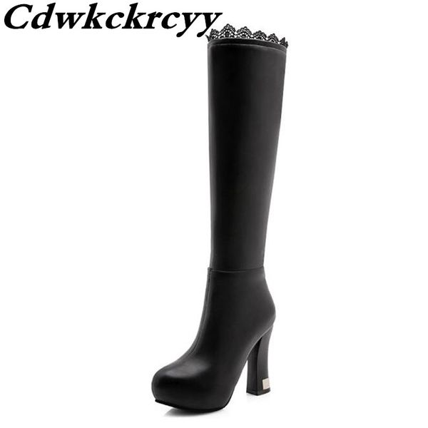 

boots promotional products winter style lace high-heeled lean leg women white high cylinder chivalry size 34-43, Black