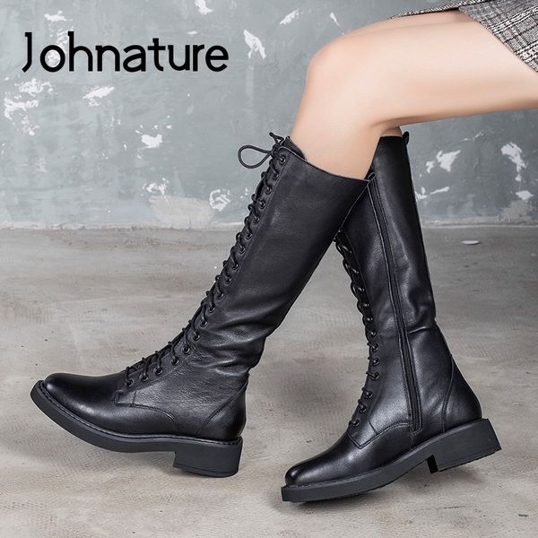 

johnature lace-up women boots genuine leather 2020 new autumn winter round toe women shoes zipper handmade platform boots, Black