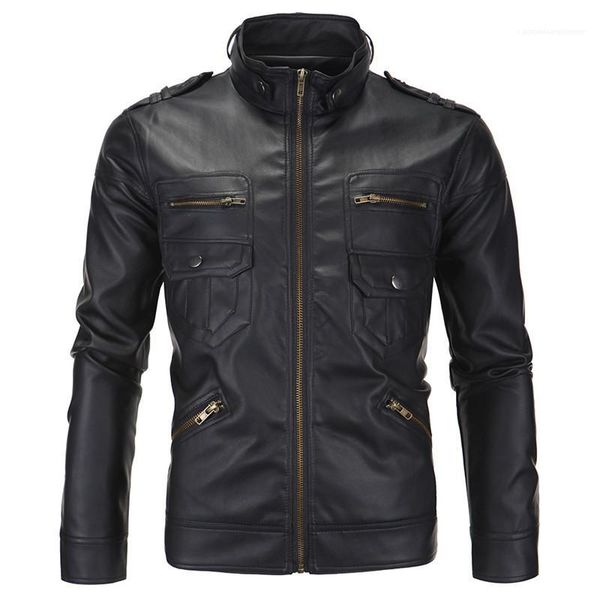 

coats winter fashion male outerwears pu mens motorcycle jacket designer long sleeve stand collar mens leather, Black