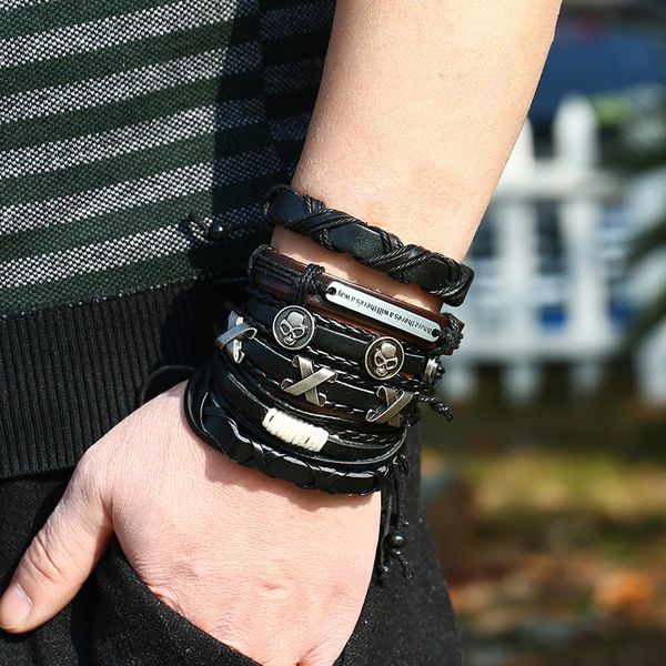 

fehame fashion where there's a wherethere's a way sign bracelet cross skull leather bracelet set for men jewelry, Black