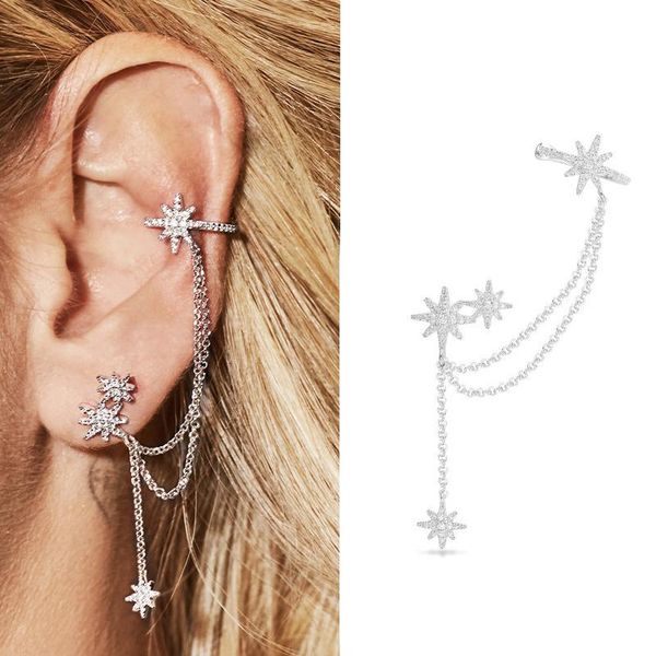 

1 pc fashion star tassel chains ear cuff clip earrings for women girls bohemian cubic zirconia pendant earcuff trendy jewelry, Silver
