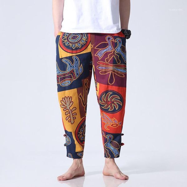 

mid waist wide leg pants casual mens clothing japanese style mens designer linen cotton pants flora printed, Black