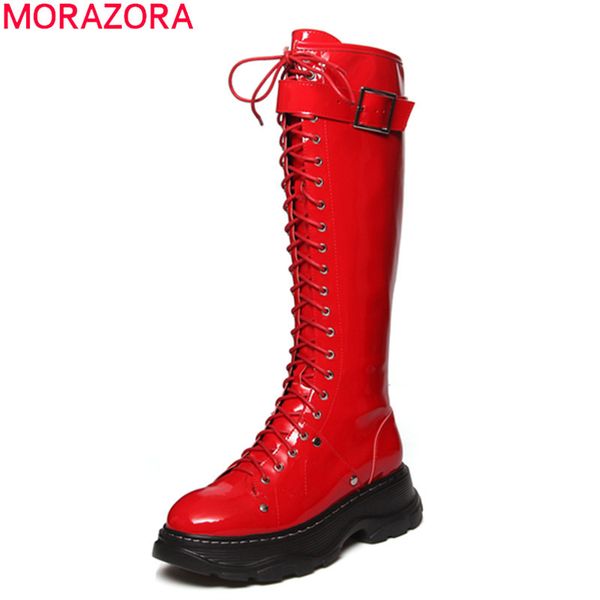 

boots morazora 2021 knee comfortable flat heel square toe winter shoes fashion lace up women, Black