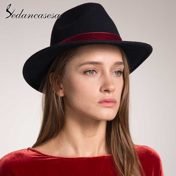 

sedancasesa spring england style vintage woman mens fedora hat felt caps with red band wholesale black women wool felt hats, Blue;gray