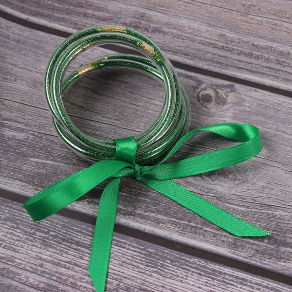 

bangle 7pcs/set hope and health green color yarn bowknot christmas ribbon gold bangles stack silicone plastic glitter, Black