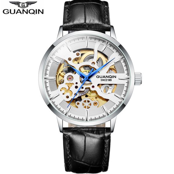 

guanqin skeleton watch men automatic mechanical movement clock waterproof business watch relogio masculino, Slivery;brown