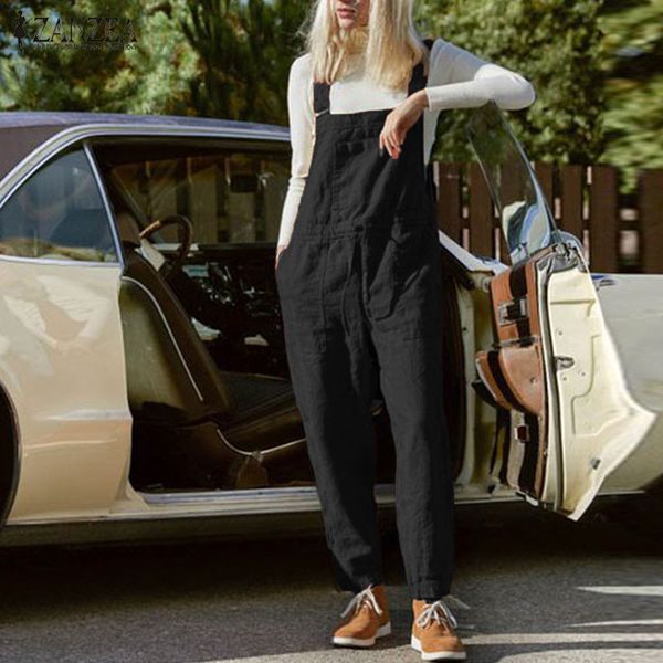

zanzea women jumpsuits summer overalls casual straps cotton linen rompers solid loose playsuits suspenders s-5xl dungarees bib, Black;white