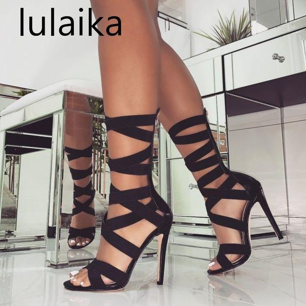 

2020 fashion summer elastic boots sandals shoes pointed toe thin heel hollow out zipper ladies boots shoes 11 cm size 35-43, Black