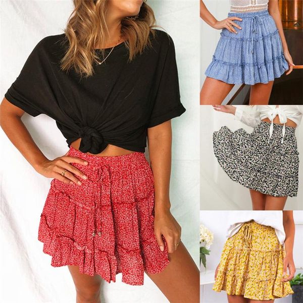 

2020 women new fashion casual skirt women fashion summer casual high waist ruffled floral print beach short skirt 40, Black