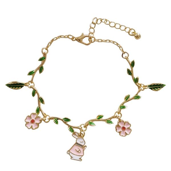 

japanese style drop-oil green leaf pink sakura flower bracelet alice in wonderland cute bracelets for women girls, Golden;silver