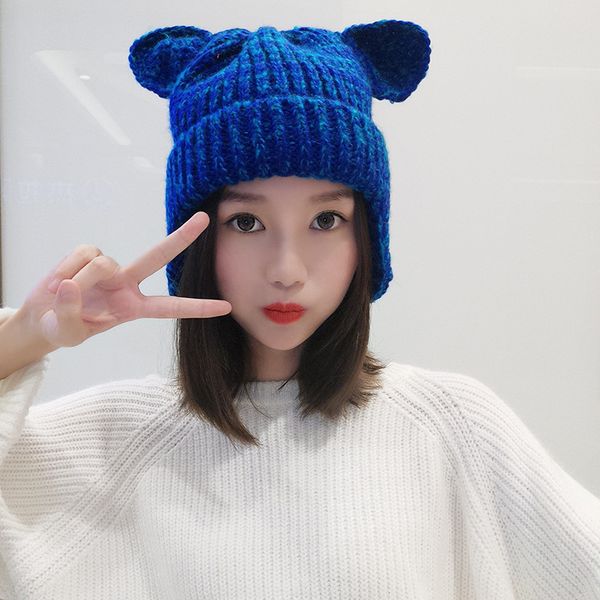 

clearance-sale fashion cartoon cat ears knitted beanie hat women 2020 autumn winter thick warm female beanies hats caps, Blue;gray