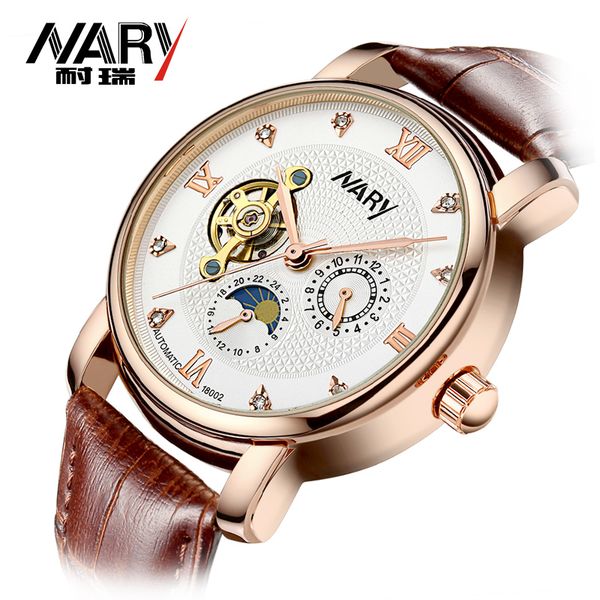 

nary brand watches men watches tourbillon automatic mechanical 3atm waterproof men's wristwatches relogio masculino, Slivery;brown