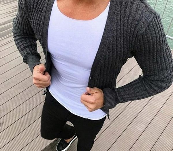 

2020 autumn sweater men v-neck solid slim fit knitted mens sweaters cardigan male autumn long sleeve solid casual, White;black