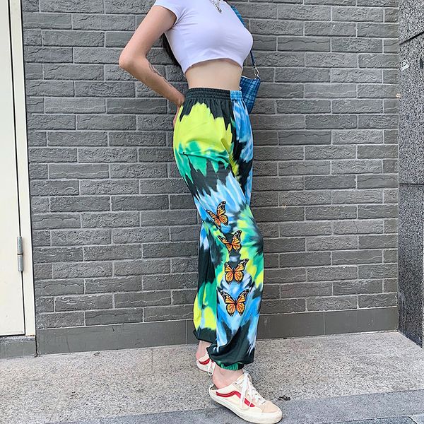 

tie dye бабочка printed вскользь sweatpants женщины harajuku punk сыпучие длинные брюки моды высокой талией брюки капри уличная, Black;white