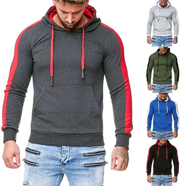 

autumn patchwork color long sleeve hooded mens sweatshirts fashion slim mens clothes with pockets mens designer hoodies, Black