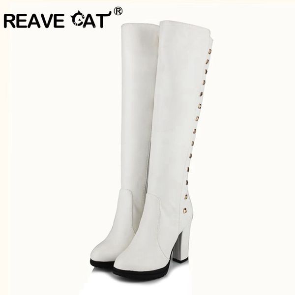 

boots reave cat winter leather shoes woman knee high zipper round toe 10cm block heels rivets studded white botas mujer, Black
