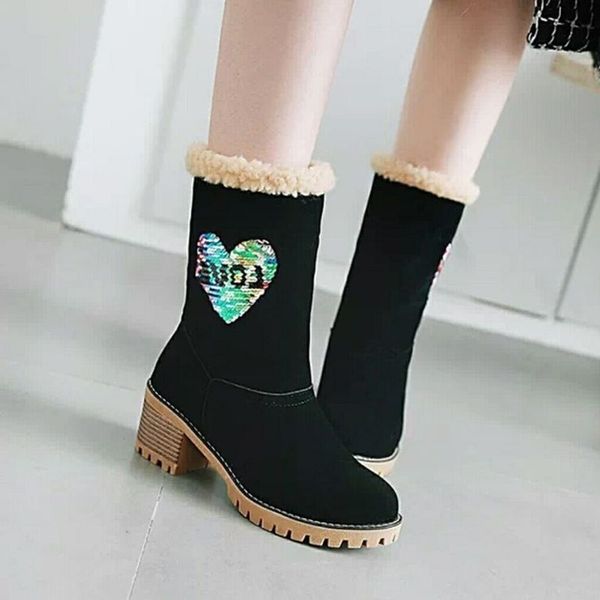 

boots ankle for women warm plush suede winter boots female crystal bling heart women size 43 thick sole high heels, Black