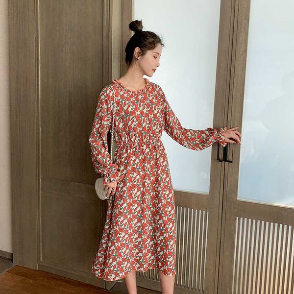 

2020 spring maternity foral chiffon dress ruffle o-neck long flare sleeve adjustable waist vintage dress pregnant women vintage, White