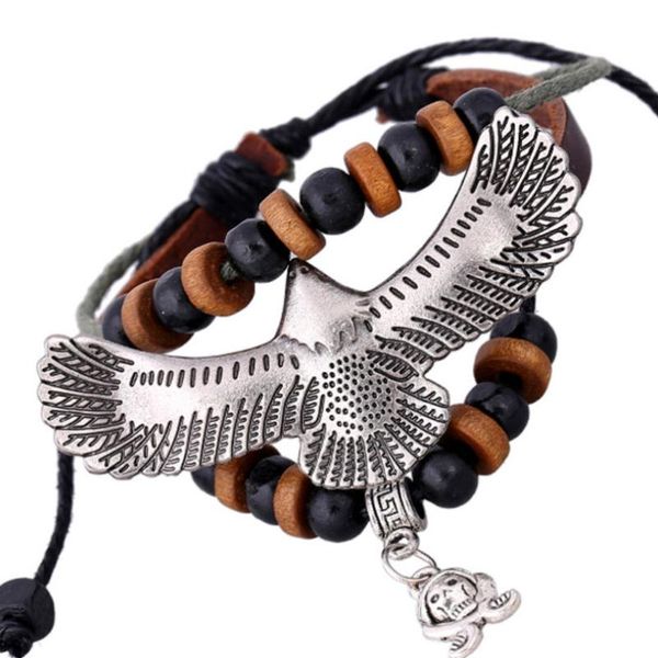 

punk gothic eagle pirate bracelet vintage beads skull charm multilayer leather wrap bangle hiphop wristband rock fashion jewelry, Golden;silver