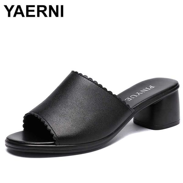 

slippers yaerniwomen slipper 2021 ladies summer shoes women high heels fashion genuine leather, Black