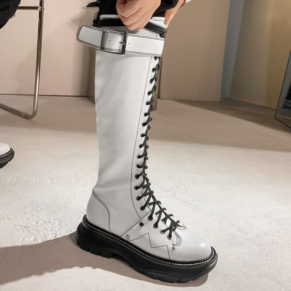 

platform high heels knee high boots women fashion buckle round toe boots black white fall new shoes