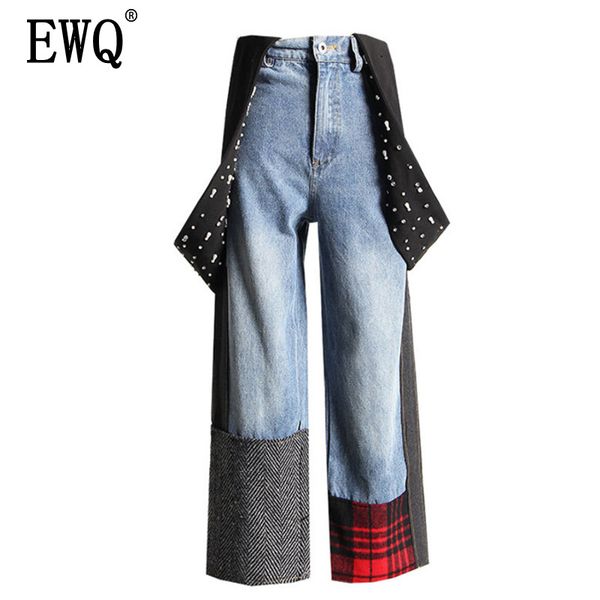 

ewq] 2020 spring autumn high waist denim patchwork pockets pleated ankle-length pants casual overalls women fashion tide ad011, Black;white