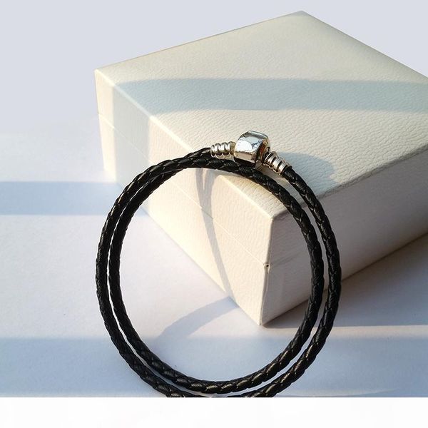 

fashion womens 925 sterling silver real black double layer leather bracelet fit pandora charms beads jewelry men mens bangle bracelet, Golden;silver