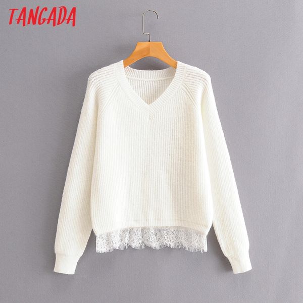 

women's sweaters tangada fall 2021 women lace patchwork sweater cashmere knitted pullover v neck jumper sy245, White;black