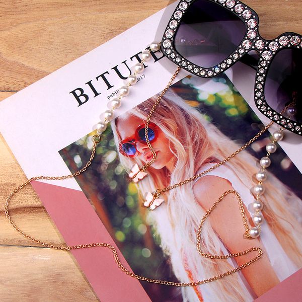 

just feel imitation pearls gold color glasses chain with butterfly pendant women reading anti-slip exquisite eyewear cord gift, Silver