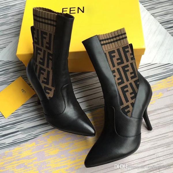 

fashion women knitting sock ankle boots slim high heel of 9.5cm real leather womens skinny feet boots breathable elastic boots, Black