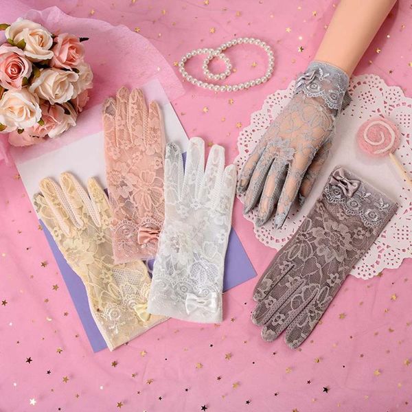 

spring summer fashion ladies non-slip lace finger gloves outdoor bow touch screen sunscreen gloves, Blue;gray