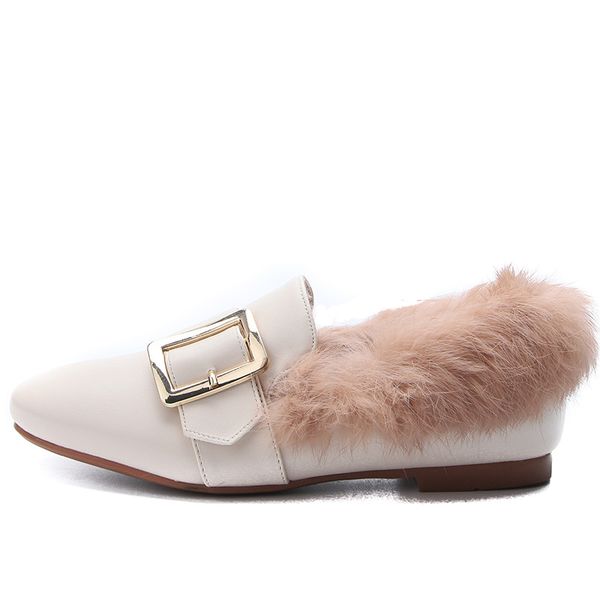 

осень зима женщина new fur теплого flats женщина пряжка металл большого размер плоской мулы тапочки женщина мода повседневной мокасины обувь, Black