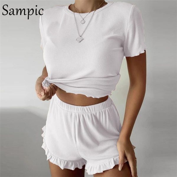 

sampic summer pajamas casual short sleeve shirt two piece set crop and ruffles shorts 2 piece women set tracksuit outfits t200722, Gray