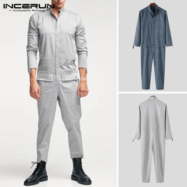

incerun men jumpsuit solid 2020 long sleeve stand collar button fashion cargo overalls streetwear chic rompers men pants s-5xl, Black