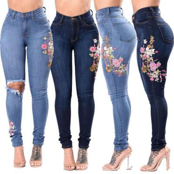 

3xl womens denim floral embroidery high stretch jeans big yard light dark blue leggings pants high waist pants