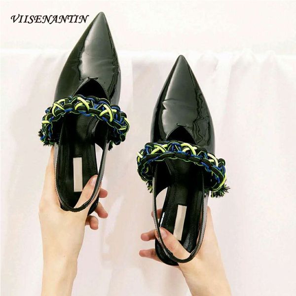 

sandals women 2020 summer new rope knot wild pointed mary jane shoes platform shallow mouth one word buckle single shoes women, Black