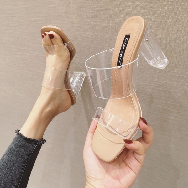 

women pumps high heels slides flip flops clear transparen sandals perspex heel square summer party office nightclub women shoes, Black